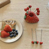 Triogift INS Strawberry Stainless Steel Fruit Fork Children's Kawaii Strawberry Food Picks for Kids Bento Box Accessories Home Decor Craf