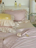 Triogift French Aesthetic Silky Satin Ruffle Bedding Set