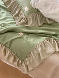 Triogift French Aesthetic Silky Satin Ruffle Bedding Set