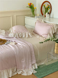 Triogift French Aesthetic Silky Satin Ruffle Bedding Set