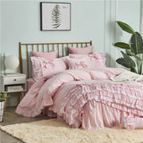 Triogift  Free shipping cotton Korean princess ruffles lace cake layer pink embroidery bedding set twin full queen king size bed skirt YYX