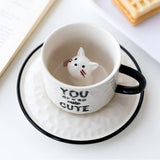 Triogift  - Cute Cat Relief Ceramics Mug With Tray Coffee Milk Tea Handle Porcelain Cup Novelty Gifts