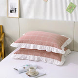 Triogift 48x74cm Washed Cotton Pillowcase Home Bedding Super Soft Plaid Pillow Cover Ruffled Pillow Case Dorm Girl Room Decoration 2pcs