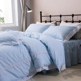 Triogift  Pastoral embroidery ruffles bedsheet set blue plaid cotton bedding set ropa de cama bed sheets and pillowcases duvet cover set