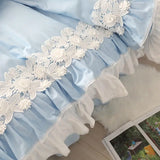 Triogift  100%Cotton Bed Sets Queen King Size Blue Duvet Cover Bed Skirt Pillowcase for Princess Room Korean Lace Bedding Set Luxury