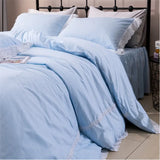 Triogift  Pastoral embroidery ruffles bedsheet set blue plaid cotton bedding set ropa de cama bed sheets and pillowcases duvet cover set