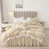 Triogift Beige Crystal Velvet Bedding Set Winter Warm Bedspread Solid Color Thick Duvet Cover Bed Skirts Pillowcase Home Textile