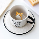 Triogift  - Cute Cat Relief Ceramics Mug With Tray Coffee Milk Tea Handle Porcelain Cup Novelty Gifts