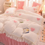 Triogift  love embroidery winter fleece soft thick Bed Skirt Bedding Set Duvet Cover Bed Linen Pillowcase Fitted Sheet HomeTextile