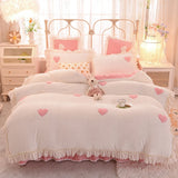 Triogift  love embroidery winter fleece soft thick Bed Skirt Bedding Set Duvet Cover Bed Linen Pillowcase Fitted Sheet HomeTextile