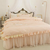 Triogift Butterfly Embroidery Bedding Set Luxury Lace Ruffle Princess Duvet Cover Bedspread Bed Skirt Pillowcases Cotton Home Textile