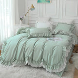 Triogift  Bedding Set Luxury Ruffle Lace Duvet Cover Bed Skirt Pillowcase Green Egyptian Cotton Princess Bedspread Bed Set Queen King Size