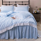 Triogift  Pastoral embroidery ruffles bedsheet set blue plaid cotton bedding set ropa de cama bed sheets and pillowcases duvet cover set