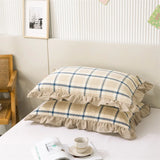 Triogift 48x74cm Washed Cotton Pillowcase Home Bedding Super Soft Plaid Pillow Cover Ruffled Pillow Case Dorm Girl Room Decoration 2pcs