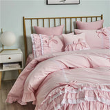 Triogift  Free shipping cotton Korean princess ruffles lace cake layer pink embroidery bedding set twin full queen king size bed skirt YYX