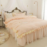 Triogift Butterfly Embroidery Bedding Set Luxury Lace Ruffle Princess Duvet Cover Bedspread Bed Skirt Pillowcases Cotton Home Textile