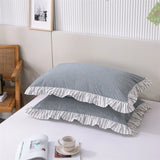 Triogift 48x74cm Washed Cotton Pillowcase Home Bedding Super Soft Plaid Pillow Cover Ruffled Pillow Case Dorm Girl Room Decoration 2pcs