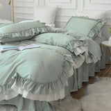 Triogift  Bedding Set Luxury Ruffle Lace Duvet Cover Bed Skirt Pillowcase Green Egyptian Cotton Princess Bedspread Bed Set Queen King Size