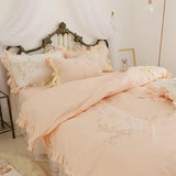 Triogift Butterfly Embroidery Bedding Set Luxury Lace Ruffle Princess Duvet Cover Bedspread Bed Skirt Pillowcases Cotton Home Textile