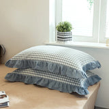 Triogift 48x74cm Washed Cotton Pillowcase Home Bedding Super Soft Plaid Pillow Cover Ruffled Pillow Case Dorm Girl Room Decoration 2pcs