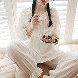 Triogift Cute Women Princess Ruffle Pajama Sets Tops+Pants.Vintage Lady White Jacquard Cloth Pyjamas Set Victorian Girl's Home Sleepwear