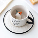 Triogift  - Cute Cat Relief Ceramics Mug With Tray Coffee Milk Tea Handle Porcelain Cup Novelty Gifts