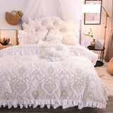 Triogift  Luxury White Pink Purple Green Winter Thick Fleece Fabric Princess Bedding set Lace Jacquard Duvet Cover Bed skirt Pillowcases