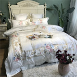 Triogift  White Blue Pink Luxury Flowers Embroidery 100S/1000TC Egyptian Cotton Palace Bedding Set Duvet Cover Bed sheet/Linen Pillowcases