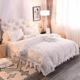 Triogift  Luxury White Pink Purple Green Winter Thick Fleece Fabric Princess Bedding set Lace Jacquard Duvet Cover Bed skirt Pillowcases