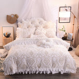 Triogift  Luxury White Pink Purple Green Winter Thick Fleece Fabric Princess Bedding set Lace Jacquard Duvet Cover Bed skirt Pillowcases