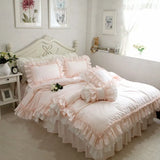 Triogift  Super Sweet Solid Color Bedding Sets Luxury Princess Wedding Pink Lace Ruffle Cotton Duvet Cover Bedspread Bed Skirt Pillowcases