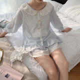 Triogift Women's Lolita Princess Lace Pajama Sets Cotton Tops+Shorts.Vintage Ladies Girl's Lace Pyjamas set.Summer Sleepwear Loungewear