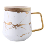 Triogift  - 400ml Marble with Gold Inlay Ceramic Coffee Mugs with Wood Lid Matte Finish Black and White Office Drinking Milk Mugs Cups Gifts