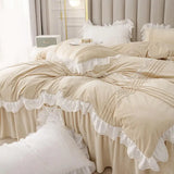 Triogift Beige Crystal Velvet Bedding Set Winter Warm Bedspread Solid Color Thick Duvet Cover Bed Skirts Pillowcase Home Textile