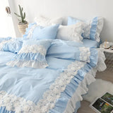 Triogift  100%Cotton Bed Sets Queen King Size Blue Duvet Cover Bed Skirt Pillowcase for Princess Room Korean Lace Bedding Set Luxury