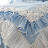 Triogift  100%Cotton Bed Sets Queen King Size Blue Duvet Cover Bed Skirt Pillowcase for Princess Room Korean Lace Bedding Set Luxury