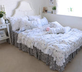 Triogift  Brand New 100% Cotton Lace Bedding Set Princess Floral Garden Cotton 4pcs Set Ruffle Layers Duvet Cover with Lotus Edge