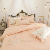 Triogift Butterfly Embroidery Bedding Set Luxury Lace Ruffle Princess Duvet Cover Bedspread Bed Skirt Pillowcases Cotton Home Textile