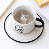 Triogift  - Cute Cat Relief Ceramics Mug With Tray Coffee Milk Tea Handle Porcelain Cup Novelty Gifts