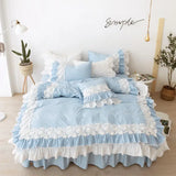 Triogift  100%Cotton Bed Sets Queen King Size Blue Duvet Cover Bed Skirt Pillowcase for Princess Room Korean Lace Bedding Set Luxury