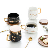 Triogift  - 400ml Marble with Gold Inlay Ceramic Coffee Mugs with Wood Lid Matte Finish Black and White Office Drinking Milk Mugs Cups Gifts