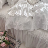 Triogift  100% Cotton Lace Embroidery Bedding Sets Korean Style Snow White Princess Wedding Bow Duvet Cover Bed Skirt/Sheet Pillowcases