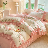 Triogift Fashion Flower Bedding Set Bed Sheet Cute Princess AB Double Sided Ruffle Flower Quilt Cover Pillowcase Bedclothes Home Textiles