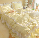 Triogift Korean Ins Bedding Set, Luxury Quilt Cover, Pillowcase Flat Bed Sheets, Simple Girl Princess Ruffle Home Textiles