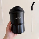 Triogift -  Cute Korean Coffee Cup Thermos With Straw Tumbler 450ml Sainless Steel Thermal Cup Portable Water Bottle Keep Hot Cold Cup Gift