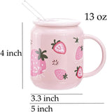 Triogift  -  1pc 400ml Cute Fruits Mugs Creative Can Cartoon Ceramic Mug With Straw Lid Milk Tea Mug Office Home Travel Coffee Water Cup