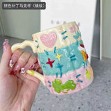 Triogift  -  Korean Ins Niche Design Ceramic Water Cup Cartoon Cute Hand-painted Patch Plaid Mug Heat-resistant Home Milk Cup with Handle