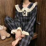 Triogift Plaid Sleepwear Women Pajama Sets Korean Pants Sets 2 Pieces Lace Piiama Style Full Sleeve Spring Night Wears Bow Home Suit