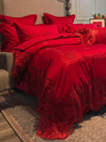 Triogift  European Princess Style Lace Duvet Cover Set Red High-end Wedding Bedding set King Queen Size Bed set bed sheet set juego de cam