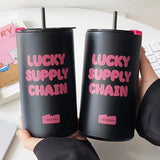 Triogift  -  350/600ml Cute Thermos Water Bottle Tumbler Korean Thermal Cup For Coffee Tea Beer Juice Sainless Steel Straw Insulated Cup Gift